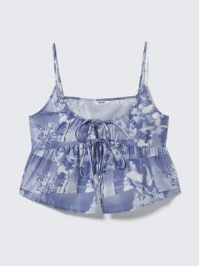 MONKI Blue French Renaissance Print Cotton Poplin Cami Tie Front Coquette Top